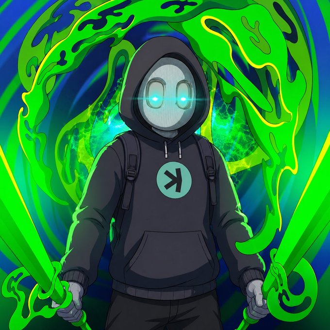 A hooded figure with a glowing face holding two green swords stands before a swirling energy portal. The image symbolizes the disciplined, strategic power of backtesting trading strategies before risking capital, contrasting the calculated warrior with those who "FOMO" into trades unprepared. A "K" emblem appears on the figure's chest.