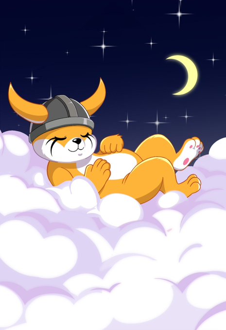 The image features a cartoon character, possibly a fox or a rabbit, wearing a helmet with horns and lying down on a cloud-like surface. The character appears to be sleeping peacefully under the night sky, which includes stars and a moon. The caption "See you in the morning Vikings" is written below the image, suggesting that the character might be related to the Viking theme or has a connection to the night sky.