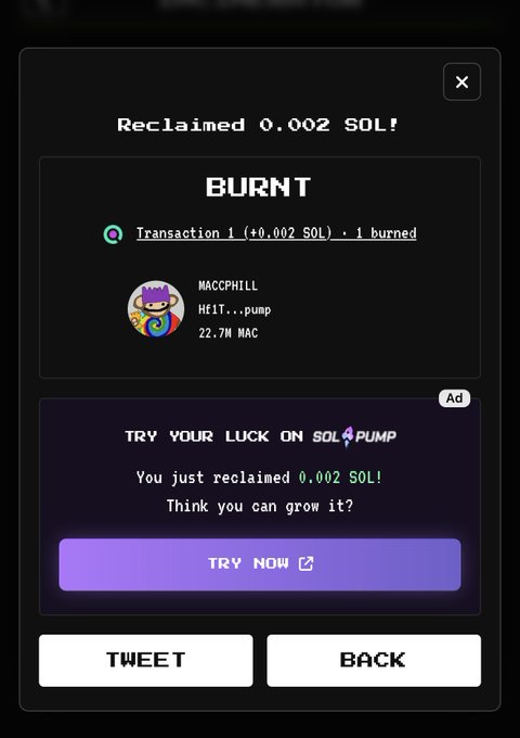 A "BURNT" confirmation window showing a user successfully burned 22.7M MAC tokens from "WACCPHILL" and reclaimed 0.002 SOL, with promotional options to "TRY NOW" on SOL4UMP or share via tweet.