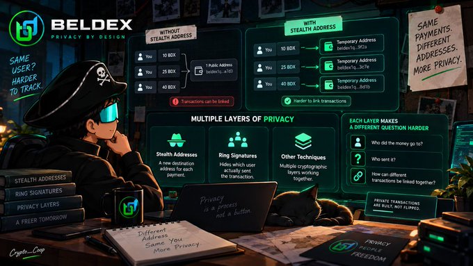 A promotional graphic for 'BELDEX' featuring a pirate character at a desk, explaining cryptocurrency privacy concepts with diagrams comparing transactions 'WITHOUT STEALTH ADDRESS' versus 'WITH STEALTH ADDRESS,' highlighting 'MULTIPLE LAYERS OF PRIVACY' like stealth addresses, ring signatures, and other techniques.