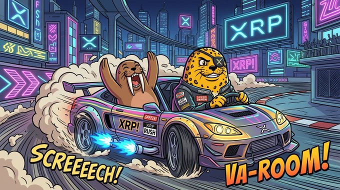 A vibrant illustration shows a walrus and a leopard character racing in a purple sports car labeled 'XRP' and 'SPEED' through a neon-lit cyberpunk cityscape with the text 'SCREEEEECH!' and 'VA-ROOM!'.