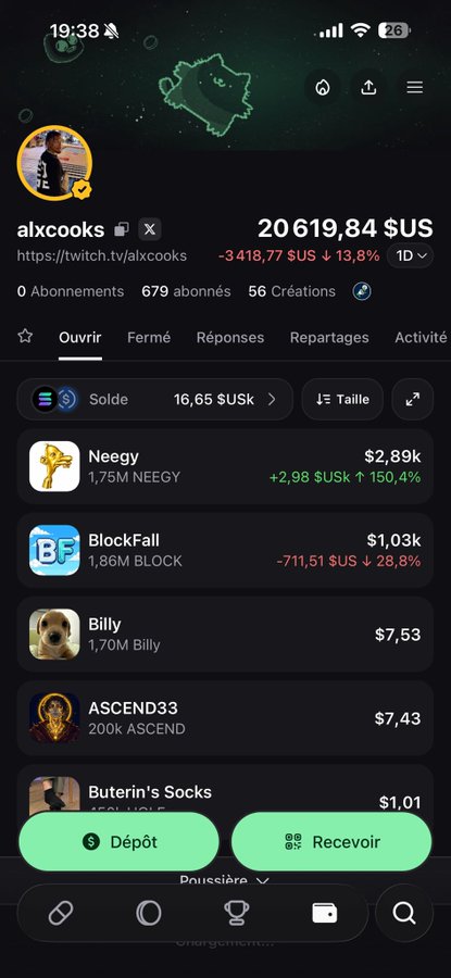 This image shows a screenshot of Twitch streamer "alxcooks" crypto wallet portfolio displaying $20,619.84 with a -13.8% loss, featuring meme tokens like Neegy (+150.4%), BlockFall (-28.8%), Billy, ASCEND33, and Buterin's Socks. The post criticizes the prevalence of undisclosed paid promotions on Twitch by verified "pumpfun" traders, suggesting this wallet snapshot exposes the speculative crypto grifting activity of a streamer.