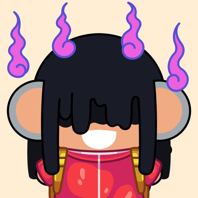 A cute cartoon illustration of a character with black hair, peach-colored skin, and pink/purple flame-like horns, wearing a red jacket.