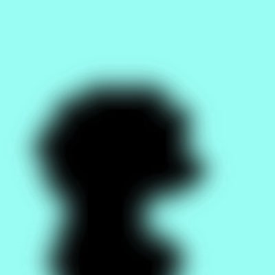 Blurry silhouette of a person's head and shoulders against a teal background.