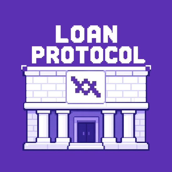A pixel art graphic with a purple background features the text "LOAN PROTOCOL" above an illustration of a classical building with columns, a door, and a key symbol on a sign above the entrance.