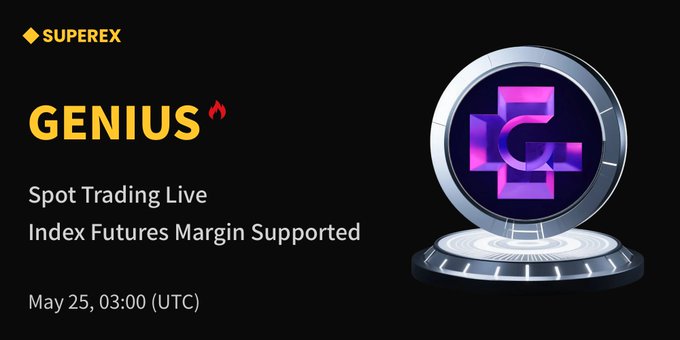 The image features a poster for a trading platform called "Genius" that supports Index Futures Margin Trading. The poster displays a purple square with a cross inside, symbolizing the trading platform's logo. It also includes text that reads "spot trading live supported Index Futures Margin Trading Starts: now details: support.superex.com/hc/en-001/arti". This information suggests that the platform is actively supporting and promoting Index Futures Margin Trading, making it an attractive option for traders looking to take advantage of this type of trading strategy.