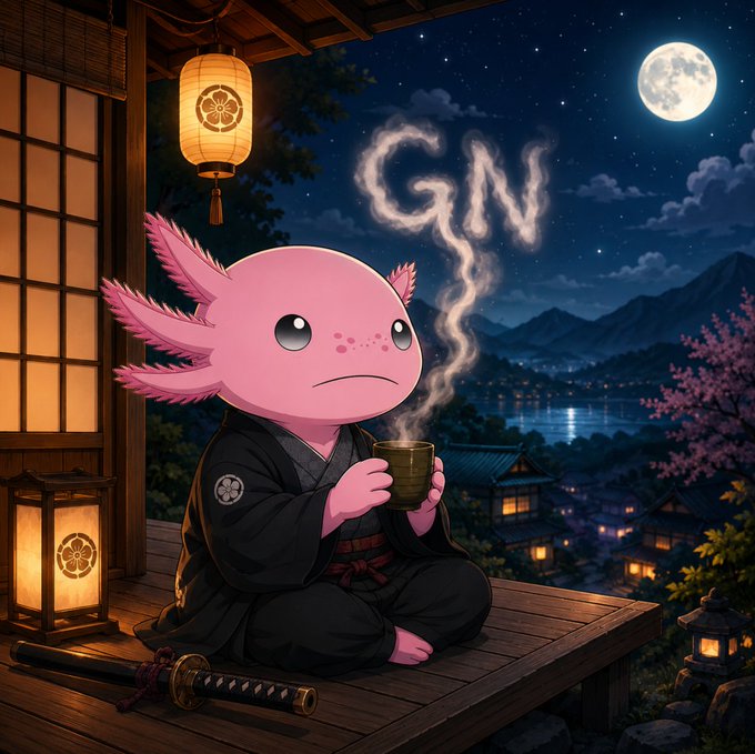 An illustration of a pink axolotl dressed in a black kimono sitting on a wooden porch, drinking from a steaming cup, with "GN" written in the night sky smoke.