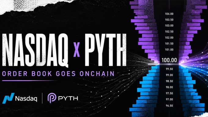 The image is a promotional graphic announcing the partnership between NASDAQ and PYTH Network, featuring the text "NASDAQ x PYTH - ORDER BOOK GOES ONCHAIN" alongside an order book visualization showing bid/ask price levels from 96.50 to 104.00, with Nasdaq and Pyth Network logos displayed at the bottom. The graphic visually represents the post's announcement that Nasdaq is joining the Pyth Data Marketplace to publish its TotalView order book data onchain.