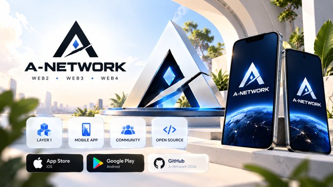 A promotional graphic for 'A-NETWORK' showcasing 'WEB2 • WEB3 • WEB4' alongside icons for Layer 1, Mobile App, Community, and Open Source, with download buttons for the App Store, Google Play, and GitHub.