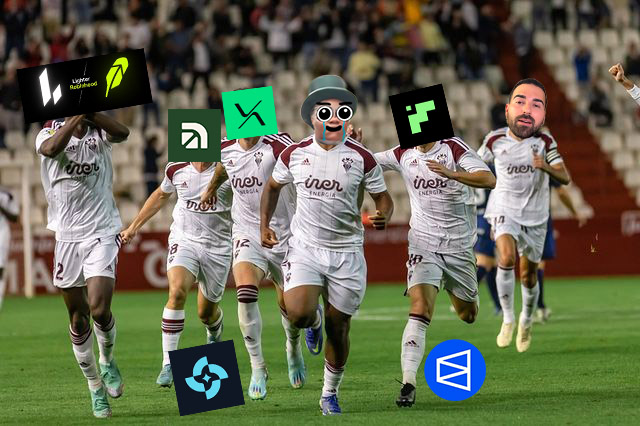 A digitally edited image showing soccer players celebrating on a field, with various company logos (Uniswap, Solana, Polygon, etc.) covering their faces and bodies.