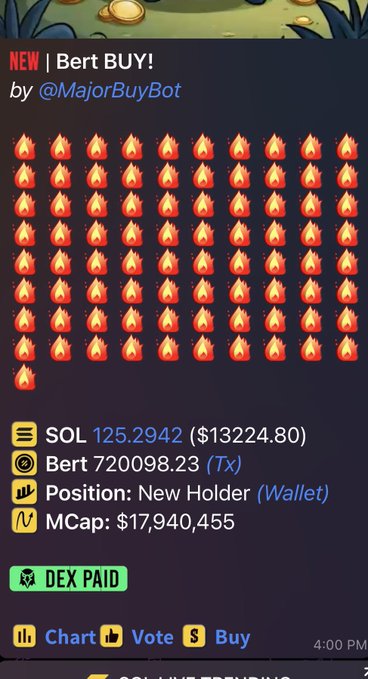 A cryptocurrency buy notification for 'Bert BUY!' from @MajorBuyBot showing SOL price of 125.2942 ($13224.80), Bert amount 720098.23, with a New Holder position and $17,940,455 market cap, displayed with a wall of fire emojis.
