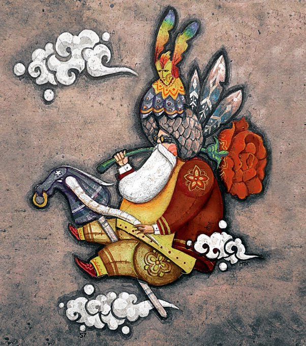 A colorful, whimsical painting of an armored figure with a rooster-headed helmet riding a rearing horse amidst white clouds.