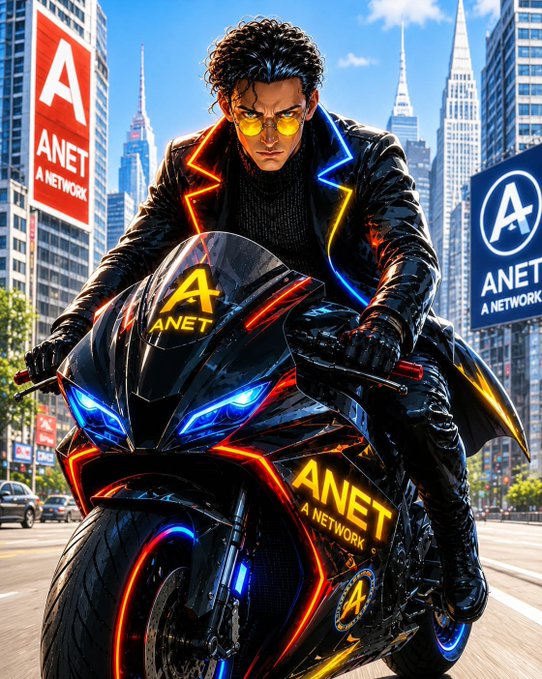 A futuristic rider in yellow-lensed goggles leans aggressively into a sleek black motorcycle emblazoned with glowing "ANET A NETWORK" branding, with the same logo towering as billboards against a city skyline. The image parallels the post's message about hype-driven crypto culture—dashing forward on style, neon promises, and flashy announcements rather than delivering any real road-tested substance.