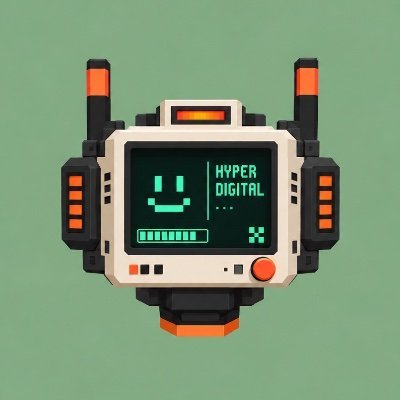 A pixel art illustration of a retro-futuristic robot head with a smiley face screen displaying 'HYPER DIGITAL' against a muted green background.