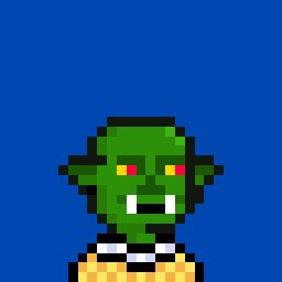A pixel art illustration of a green-skinned orc-like character with yellow and red eyes, showing its teeth, against a blue background.