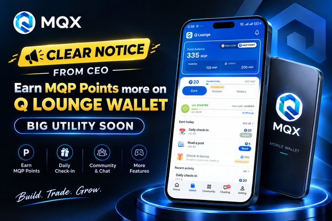 Promotional graphic for MQX mobile wallet, advertising 'Earn MQP Points more on Q Lounge Wallet' with a 'Clear Notice from CEO' banner, showing a smartphone displaying the app interface with 335 MQP point balance.