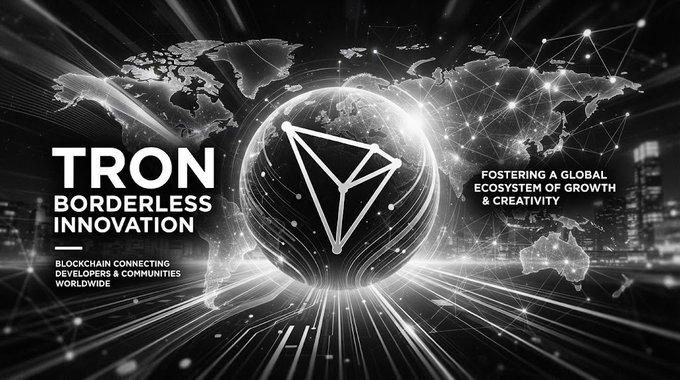 A promotional banner for TRON featuring the text 'TRON BORDERLESS INNOVATION', 'BLOCKCHAIN CONNECTING DEVELOPERS & COMMUNITIES WORLDWIDE', and 'FOSTERING A GLOBAL ECOSYSTEM OF GROWTH & CREATIVITY' with a globe and network graphic.