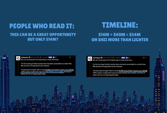 A comparison graphic showing two tweets from @entropyxyz about raising $14M and then $54M, with text reading 'PEOPLE WHO READ IT: THIS CAN BE A GREAT OPPORTUNITY BUT ONLY $14M?' and 'TIMELINE: $14M + $40M = $54M OH SHTI MORE THAN LIGHTER'.
