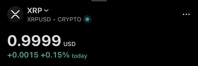 The image shows XRP (XRPUSD) at **$0.9999**, up **$0.0015 (+0.15%)** today. The post frames the move to just below the **$1** level as a symbolic end to a major cycle and the start of something new.