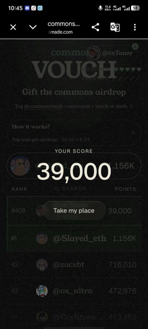 A mobile screenshot of the 'commons' platform shows an airdrop score of 39,000, ranking #408, with the top user @Slayed_eth leading at 1.156K.