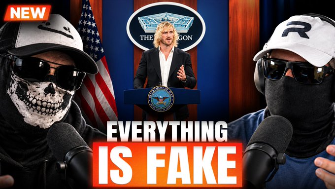 YouTube thumbnail featuring a man at a Pentagon podium between two masked figures in sunglasses, with bold text reading 'EVERYTHING IS FAKE'.