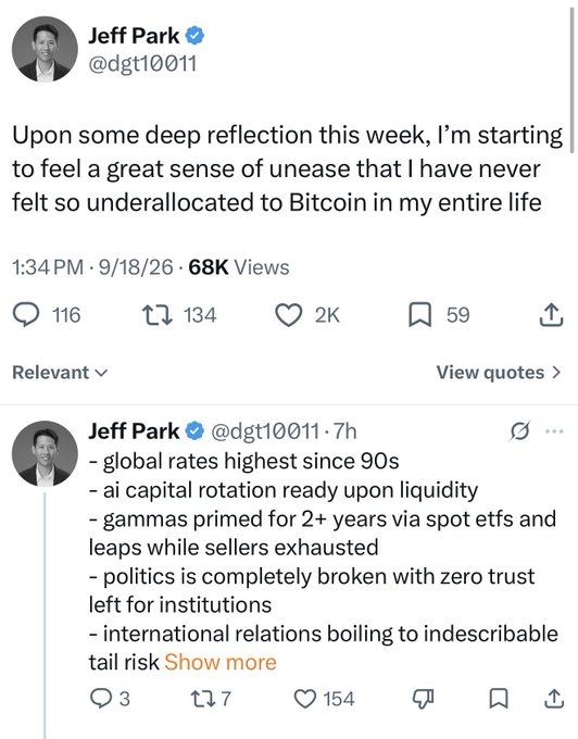 A screenshot of two tweets from Jeff Park (@dgt10011) about feeling 'underallocated to Bitcoin,' with bullet points mentioning global rates, AI capital rotation, gammas via spot ETFs, broken institutions, and international relations.
