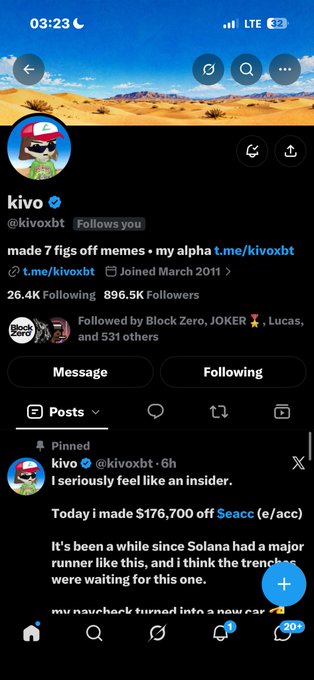 A Twitter/X profile page for 'kivo' (@kivoxbt), showing 896.5K followers and a pinned post mentioning making $176,700 off Seacc (e/acc).