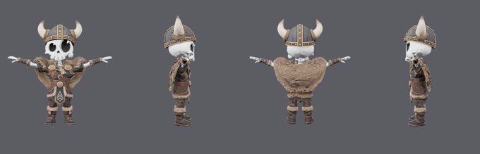 A character model turnaround sheet showing a small warrior figure with a horned helmet and fur cloak displayed from four different angles (front, side, back, and opposite side) against a gray background.