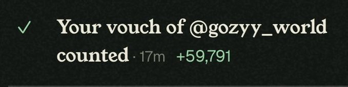 A dark-themed notification message with a green checkmark reads 'Your vouch of @gozyy_world counted' with '+59,791' points earned.
