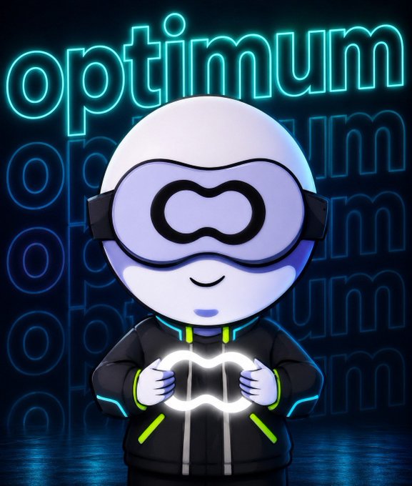 A stylized 3D character with a white round head, goggles, and a black jacket holds a glowing infinity symbol, with the word 'optimum' repeated in a neon cyber aesthetic background.