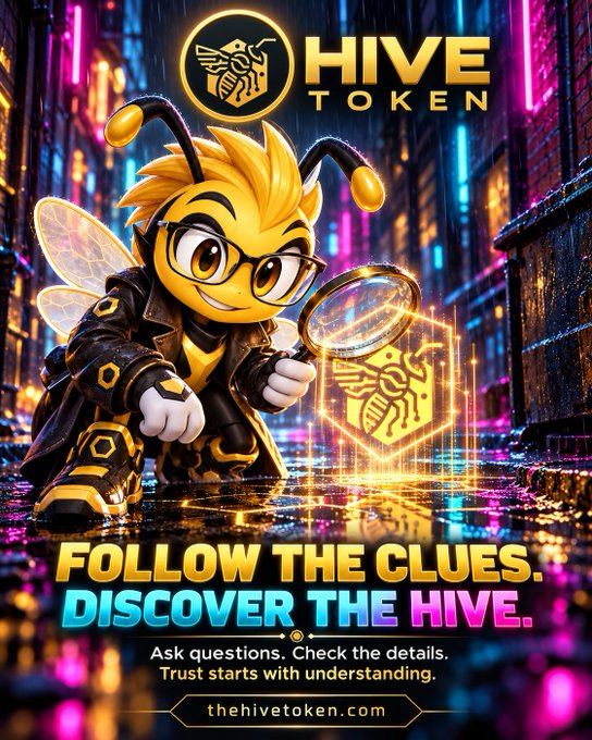 A promotional poster for 'HIVE TOKEN' featuring an anthropomorphic bee character in a black coat holding a magnifying glass over a glowing honeycomb logo, with the tagline 'FOLLOW THE CLUES, DISCOVER THE HIVE. Ask questions. Check the details. Trust starts with understanding.' and website 'thehivetoken.com'.