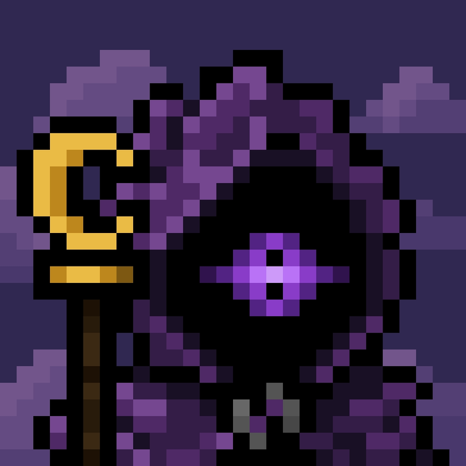 Pixel art illustration of a hooded grim reaper figure in purple and black robes, holding a yellow staff, with a glowing purple cross visible on its face.