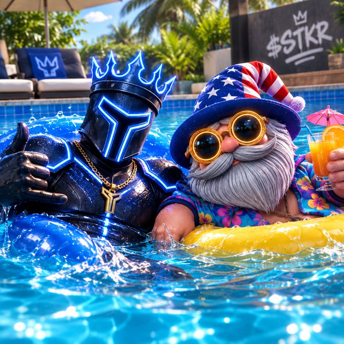 A 3D-rendered scene shows a futuristic armored knight next to a gnome with an Uncle Sam hat, both relaxing in a swimming pool with drinks, with a '$STKR' sign in the background.