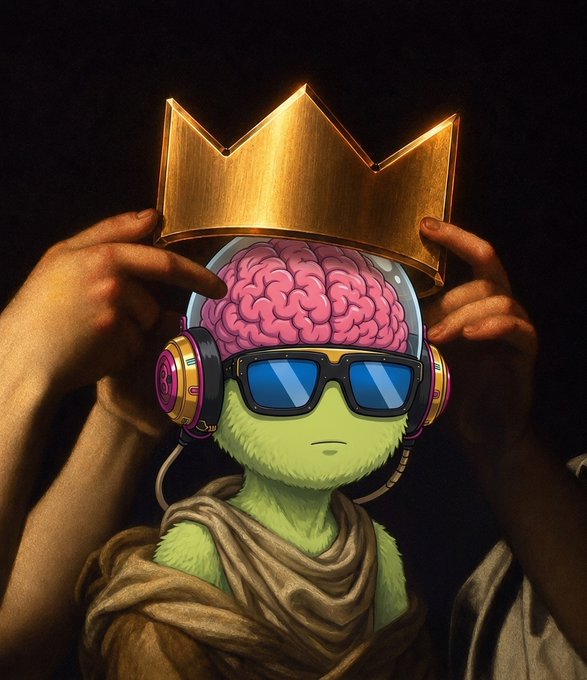 A digital illustration of a green furry character wearing sunglasses, headphones, and a draped cloth, with an exposed pink brain, as two hands place a large golden crown on its head.