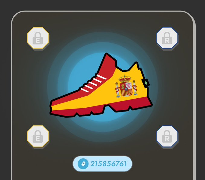 A digital illustration of a red and yellow sneaker featuring the Spanish flag colors and coat of arms, displayed on a blue circular background with '#215856761' at the bottom.