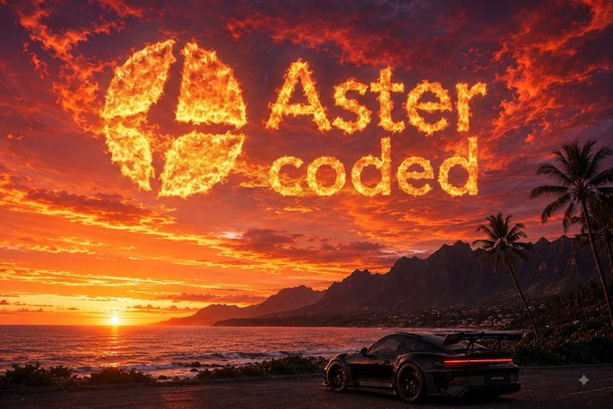 A dramatic sunset image over a tropical coastline with mountains and palm trees, showing a black Porsche GT3 RS parked on a road, with a fiery 'Aster coded' logo burning in the sky.