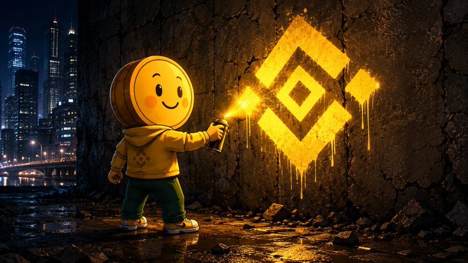 A cartoon figure with a coin-head sprays yellow paint to create the Binance logo on a cracked wall, symbolizing the hype around the "$CREPE" token mentioned in the post. The vibrant street-art aesthetic captures the excitement of the community rallying behind the coin.