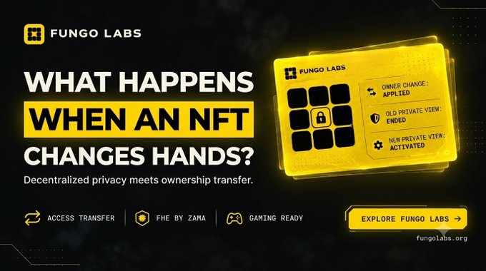 A Fungo Labs promotional banner with a black and yellow color scheme asking 'WHAT HAPPENS WHEN AN NFT CHANGES HANDS?' and highlighting decentralized privacy features like access transfer, FHE by Zama, and gaming readiness.
