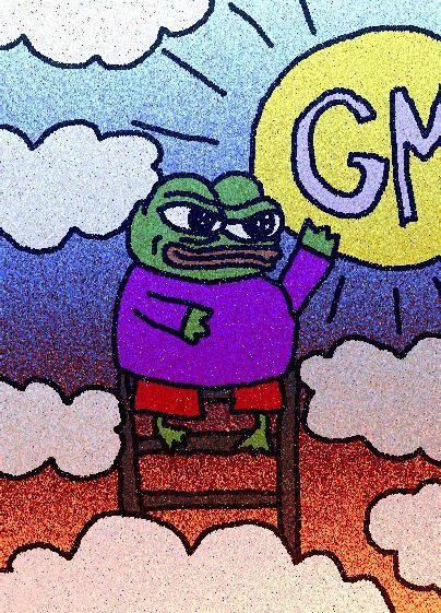 A drawing shows a Pepe-style frog in a purple shirt climbing a ladder toward a yellow sun with the letters "GM" displayed.