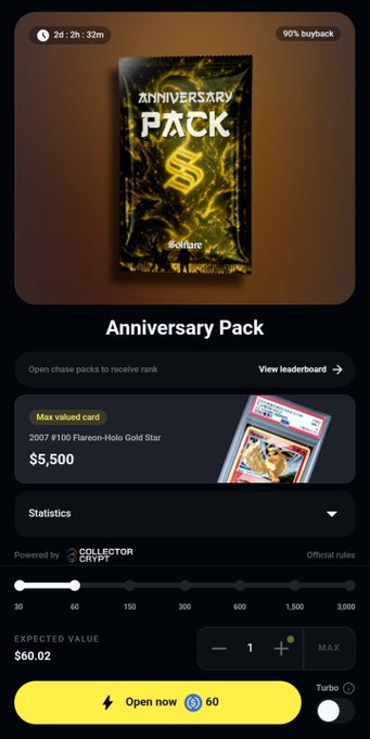 A mobile app screen showing an 'Anniversary Pack' with a Solfare logo, featuring a '2007 #100 Flareon-Holo Gold Star' card valued at $5,500, with an expected value of $60.02 and 60 currency needed to open.