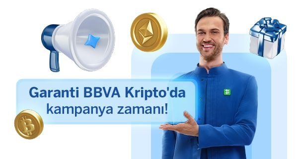 A promotional advertisement featuring a smiling man in a blue shirt presenting the text 'Garanti BBVA Kripto'da kampanya zamanı!' surrounded by icons of a megaphone, Ethereum coin, gift box, and Bitcoin coin.