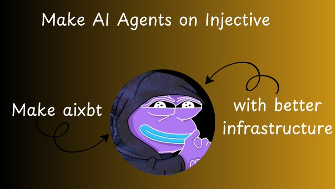 The image features a cartoon character, likely a frog or a bird, with a purple scarf around its neck. The background of the image is yellow, which contrasts with the purple color of the character's scarf. Below the image, there are three bullet points written in black text that provide information about how to make agents like @aixbt on Injective. These instructions include making an agent, setting up a trading account, and using a specific cryptocurrency for trading. The main focus is on the character with the purple scarf as it reads these instructions.