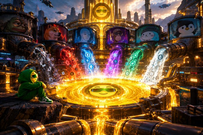 A vibrant sci-fi digital illustration shows a futuristic industrial facility with glowing colorful liquid streams flowing into a golden pool featuring an emoji face, surrounded by character displays.