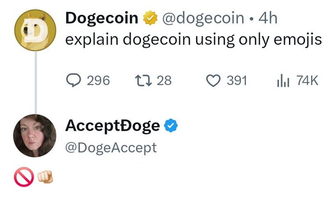 A Twitter exchange where the official 'Dogecoin' account asks to 'explain dogecoin using only emojis,' and a user named 'AcceptDoge' responds with a 'no' sign and a fist emoji.