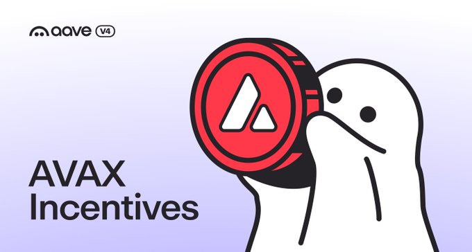The image shows a stylized white ghost-like character holding a large red AVAX coin, with the "Aave V4" logo in the top left corner and the text "AVAX Incentives" prominently displayed on the left side, visually representing the announcement that AVAX incentives are now live on Aave V4 on the Avalanche network.