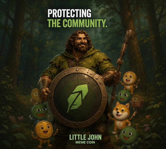 Promotional artwork for 'Little John Meme Coin' featuring a Robin Hood-like warrior holding a shield with a green arrow logo, surrounded by cartoon meme characters, with the tagline 'Protecting the Community.'