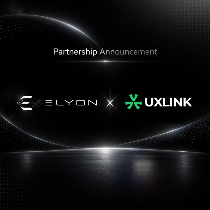 A dark, futuristic partnership announcement graphic shows the logos of Elyon Chain and UXLINK separated by an “X,” with the headline “Partnership Announcement.” It visually supports the post’s message about combining Elyon Chain’s EVM-compatible infrastructure with UXLINK’s social ecosystem to foster Web3 builders, applications, communities, and adoption.