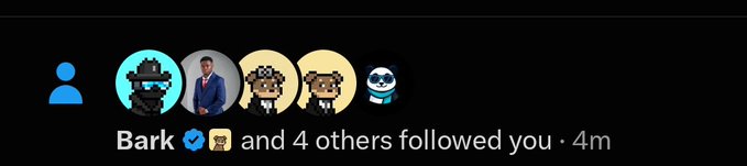 A Twitter/X notification indicating 'Bark' (with a verified checkmark and a dog emoji) and 4 others followed you, posted 4 minutes ago.
