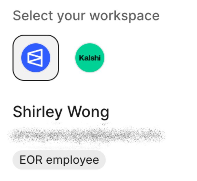 The image shows a workspace selection screen featuring the Polymarket (selected, highlighted with a border) and Kalshi logos, with "Shirley Wong" identified as an "EOR employee." This visually illustrates the post's announcement of the user transitioning from Kalshi to Polymarket, aligning with their message about moving on rather than staying due to sunk costs.