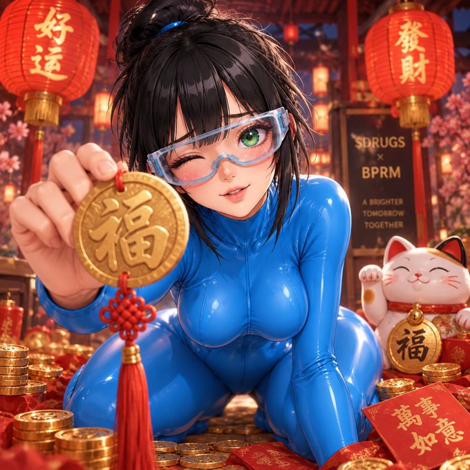 An anime-style character in a glossy blue bodysuit and goggles holds up a gold "福" (fortune) charm amid red lanterns reading "好运" and "發財," with a lucky maneki-neko cat and scattered gold coins around her, visually tying to the post's mention of the $DRUGS token and Big_Pharmai through the fortune and prosperity symbolism. A sign in the background reading "DRUGS x BPRM" reinforces the connection to the $DRUGS project being discussed.